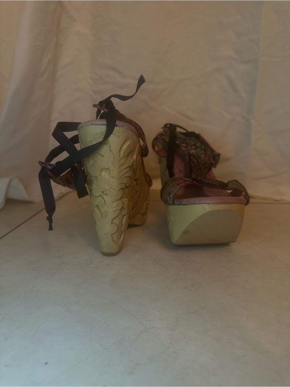 NWOT Desigual Pink and Multicolor Beaded Wedge Sandals